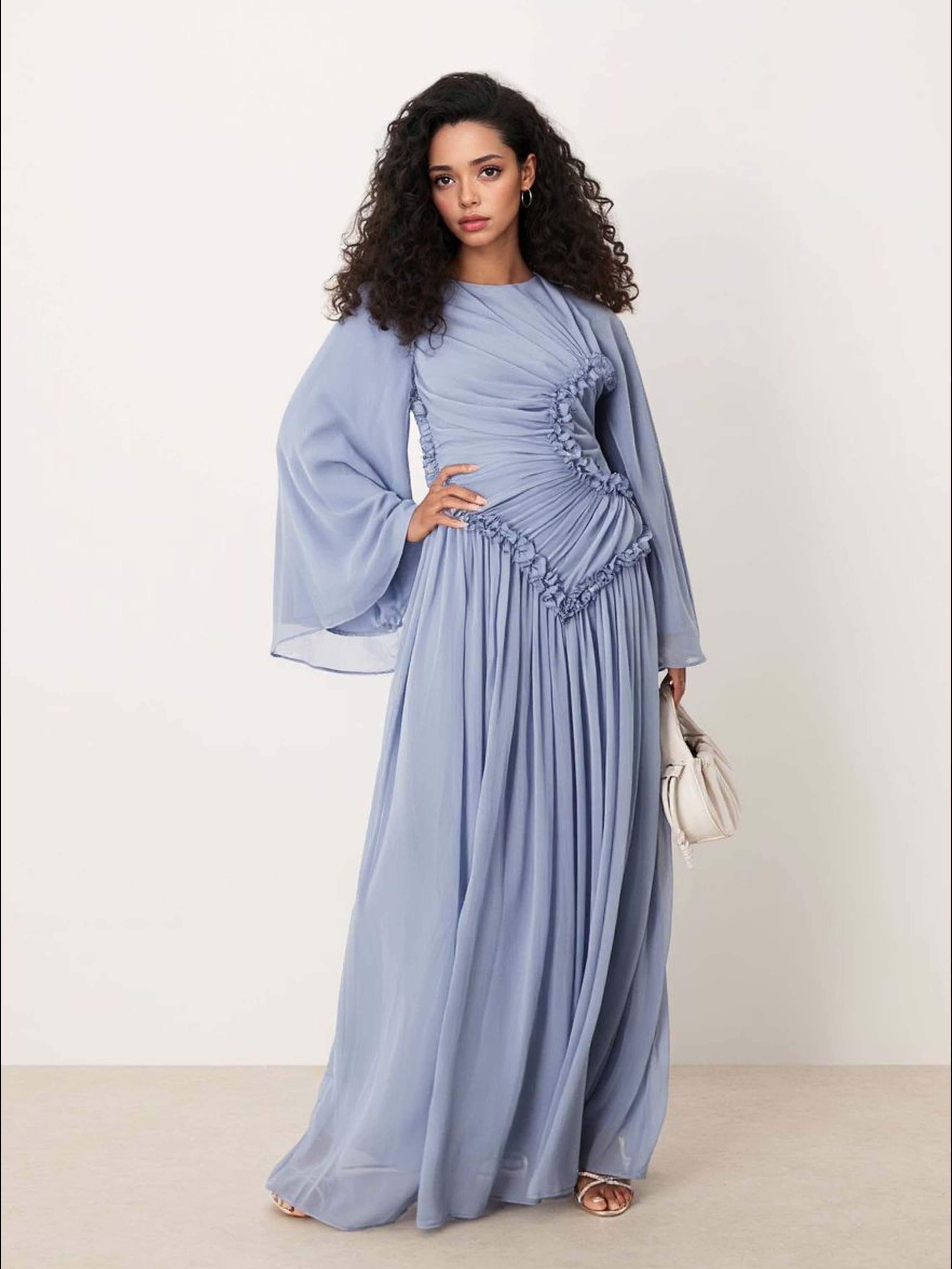 Elegant Pleated Ruffle-Trim Chiffon Maxi Dress