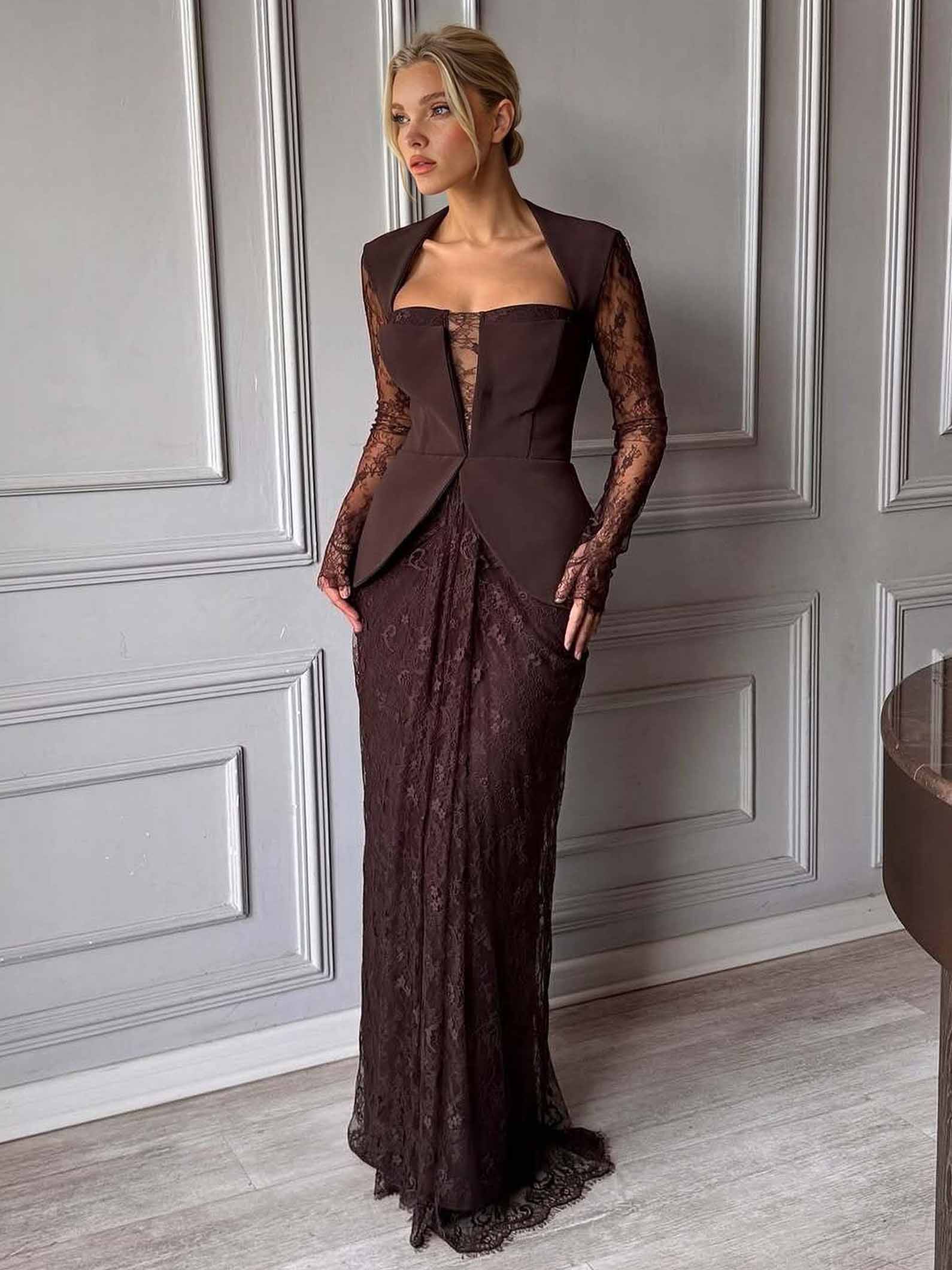 Elegant Lace Pleated Evening Gown Maxi Dress