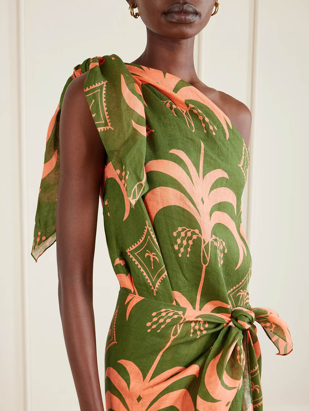 Unique Seaweed Print One-Shoulder Linen Maxi Dress