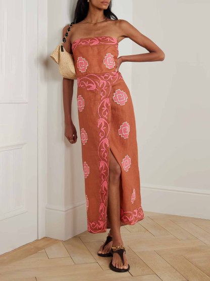 Retro Strapless Printed Slit Midi Dress