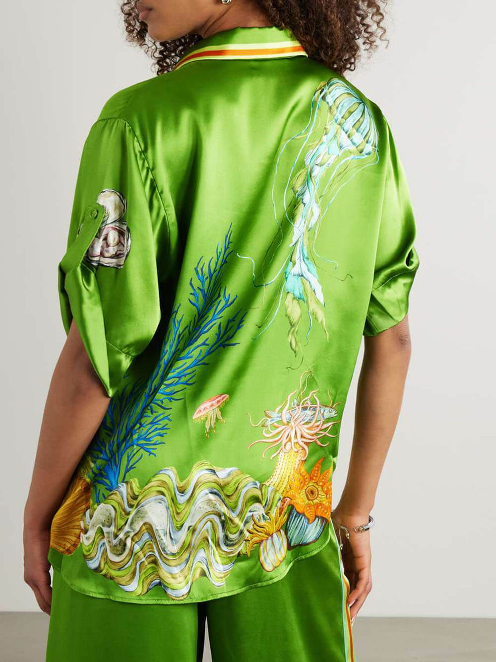Classic Modern Feel Unique Satin Ocean Animal Print Drawstring Elastic Pocket Wide Leg Pants