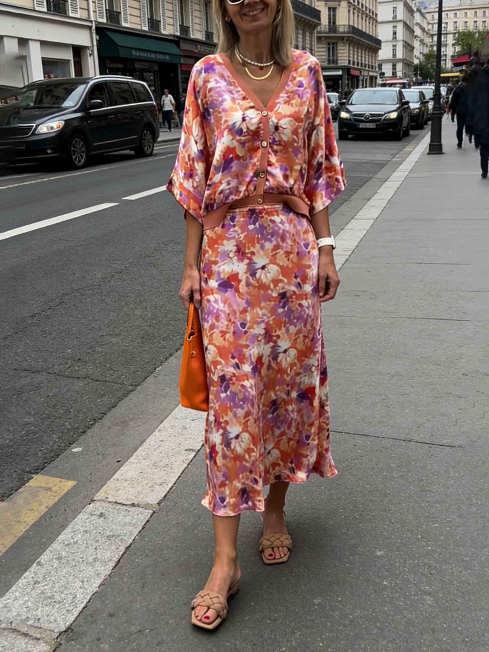 Exquisite Floral Print Satin Two-Piece Set