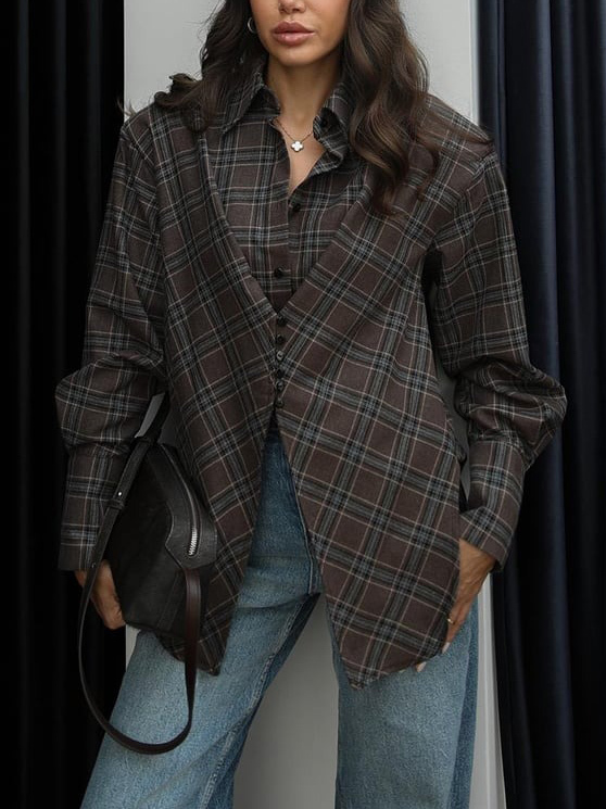 Casual Plaid Asymmetrical Padded Shoulder Shirt