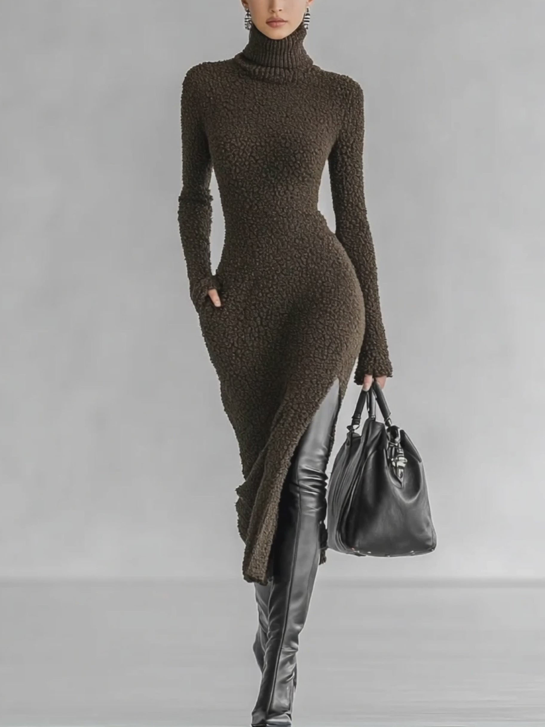 Elegant Turtleneck Textured Bodycon Maxi Dress