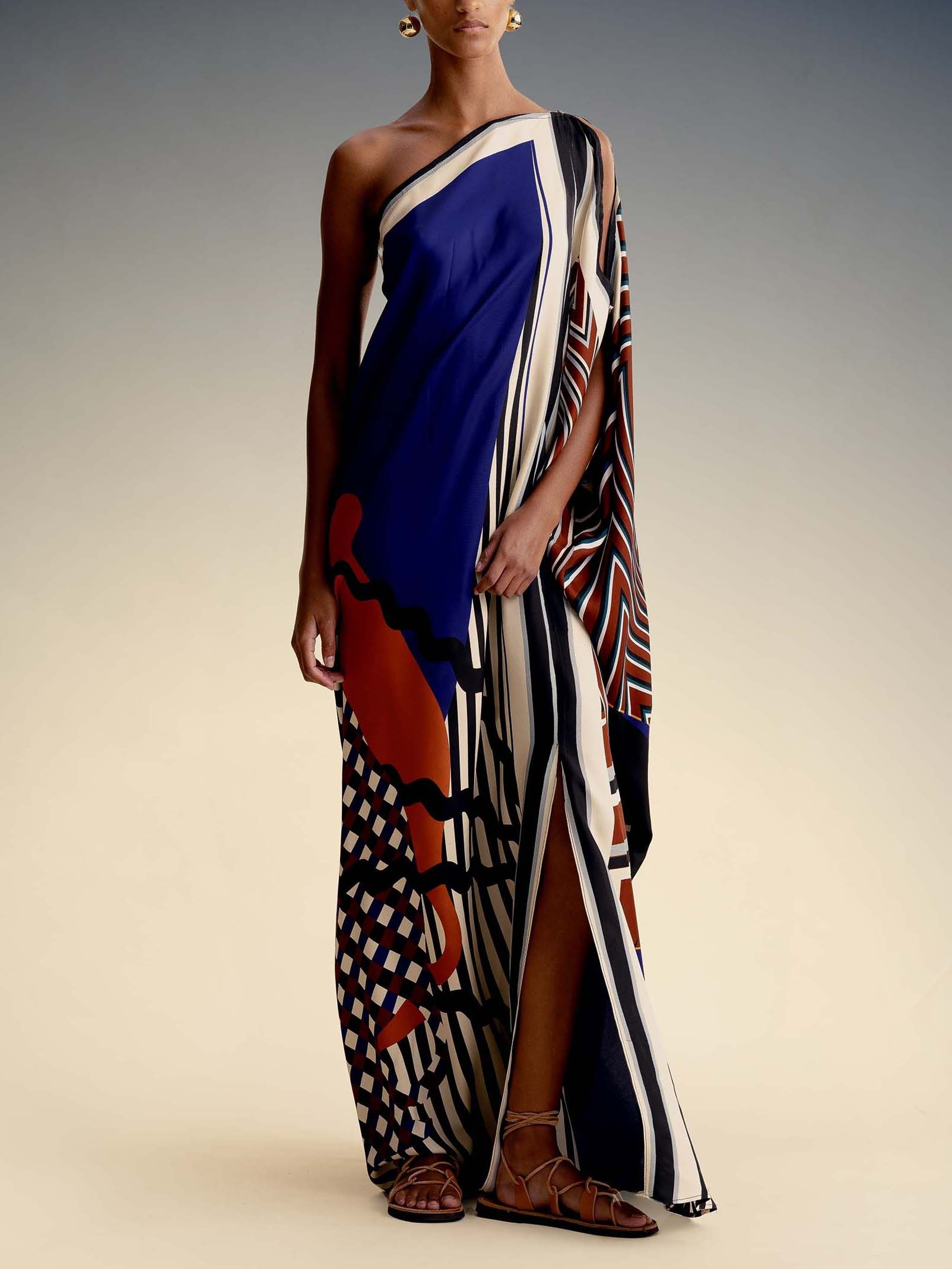 Elegant One-Shoulder Abstract Print Draped Maxi Dress