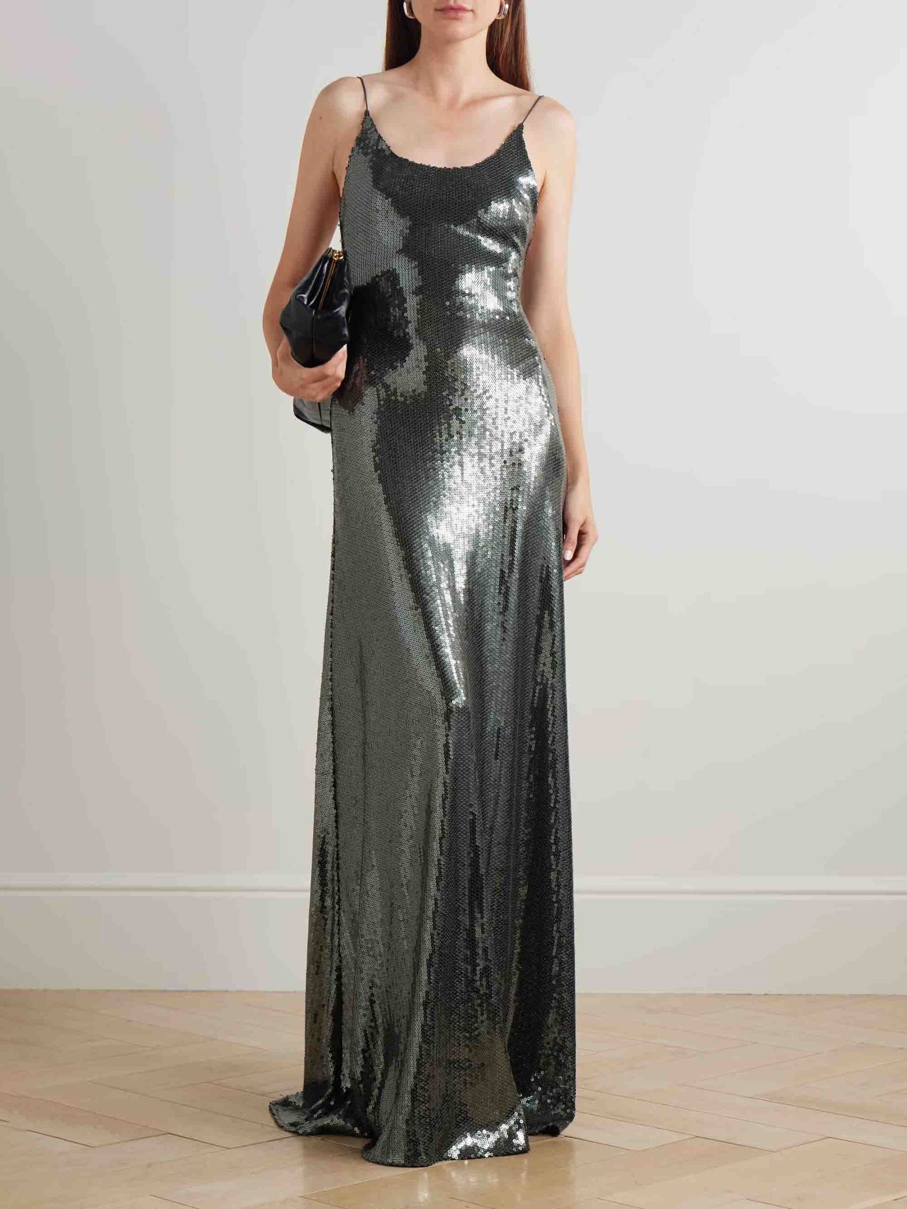 Elegant Sequined Mesh Gown Maxi Dress