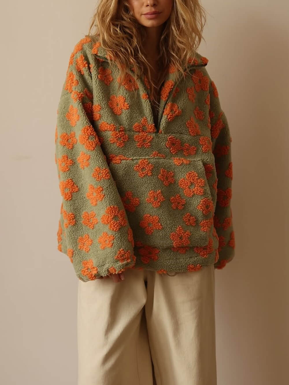 Fashion Printed Faux Shearling Zip-Up Sweatshirt