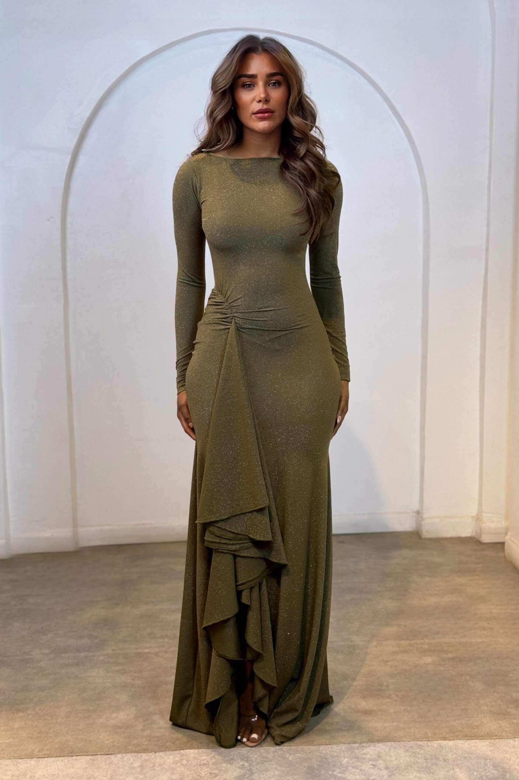 Elegant Asymmetric Ruched Ruffle Maxi Dress