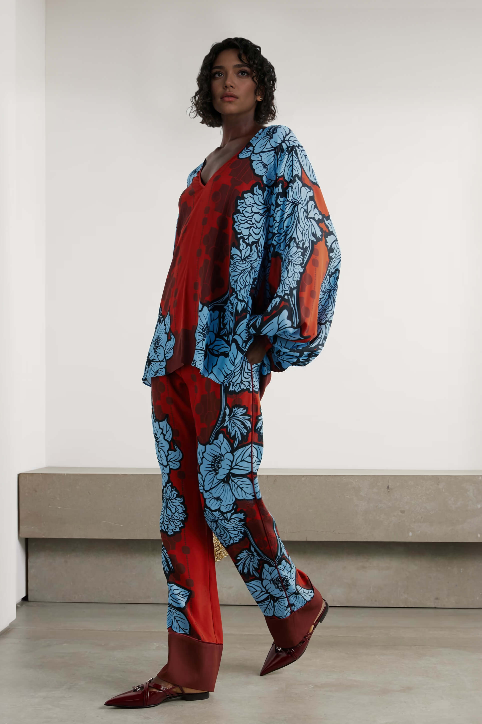 Unique Color-Block Print V-Neck Satin Loose Shirt