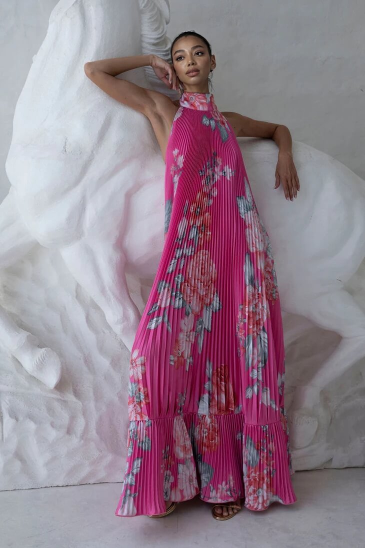 Fashionable Floral Print Pleated Tie-Waist Backless Ruffled Maxi Dress