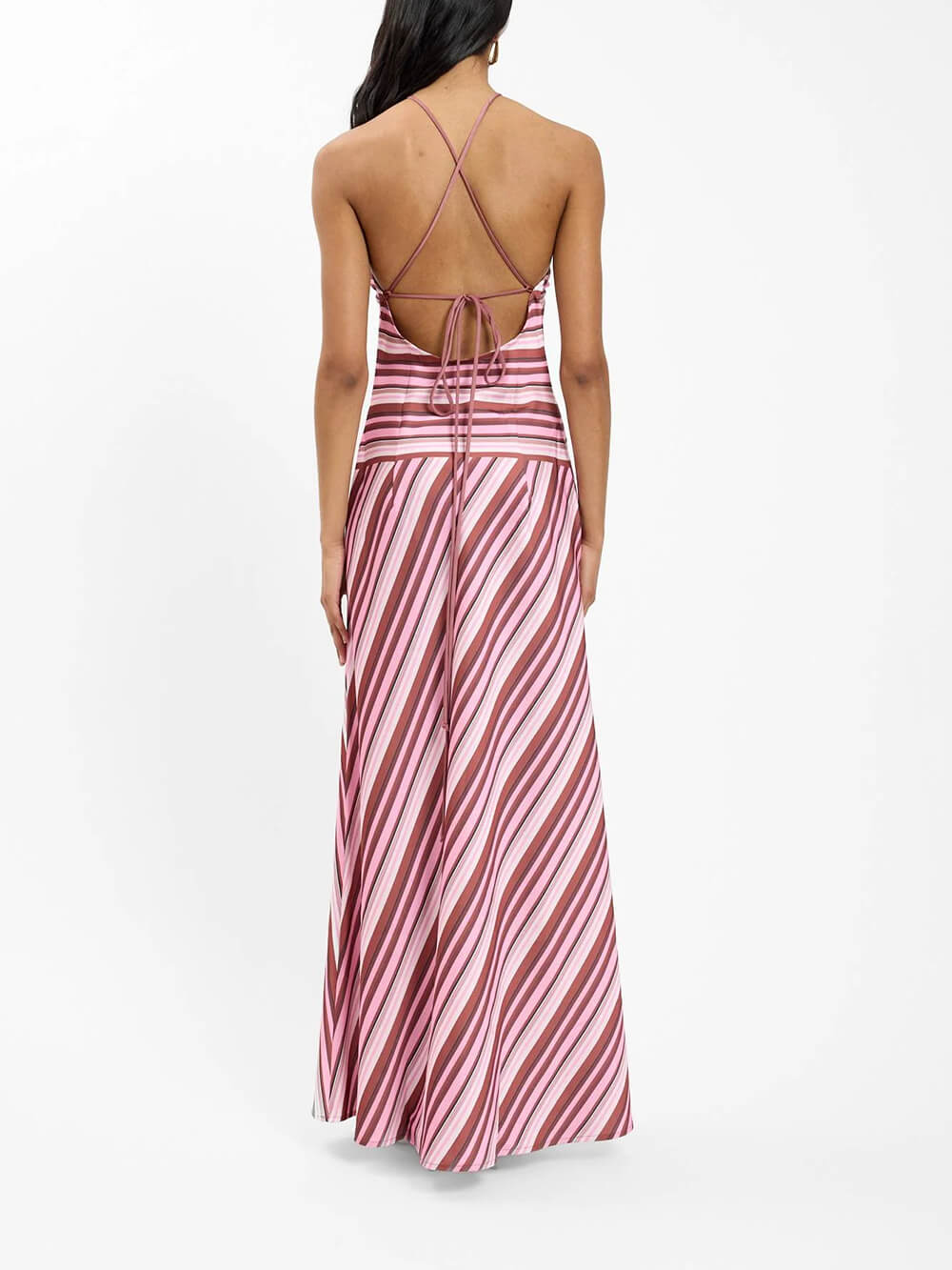 Exquisite Striped Print Spaghetti-Strap Draped A-Line Maxi Dress