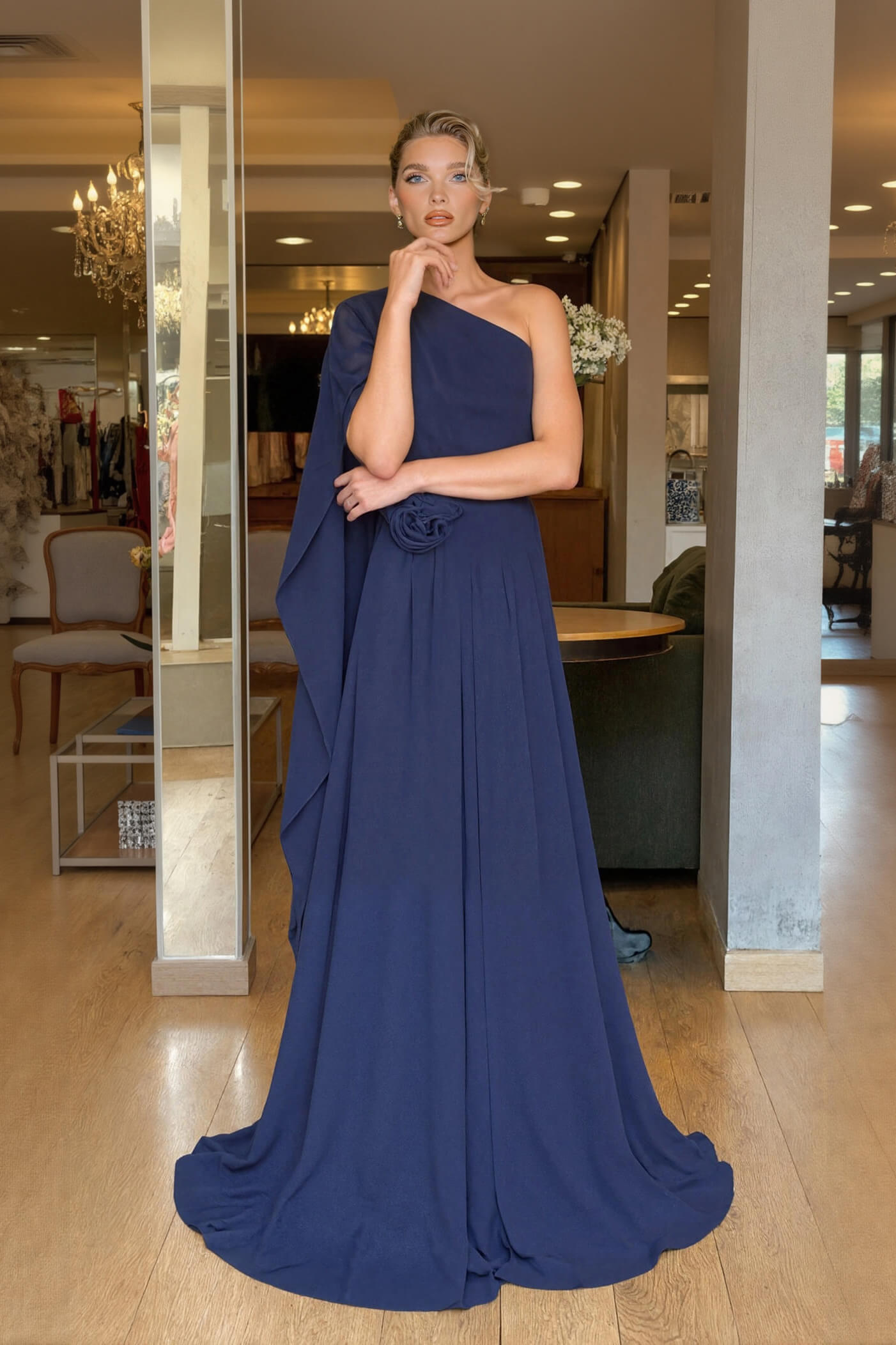 Elegant One-Shoulder Chiffon Flowy Party Maxi Dress