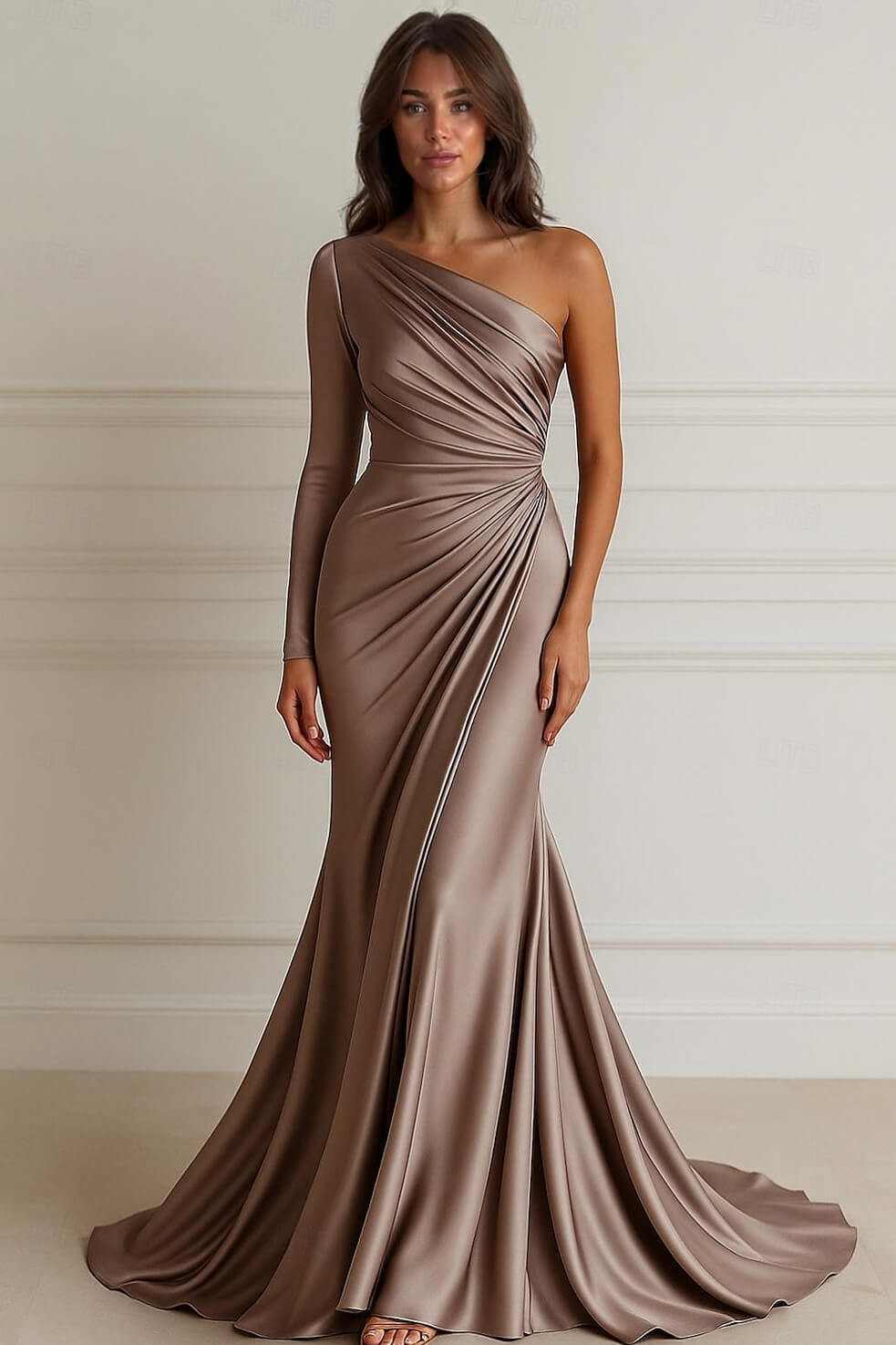 Elegant One-Shoulder Satin Pleated Mermaid Trumpet Formal Maxi Dress