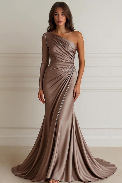 Elegant One-Shoulder Satin Pleated Mermaid Trumpet Formal Maxi Dress