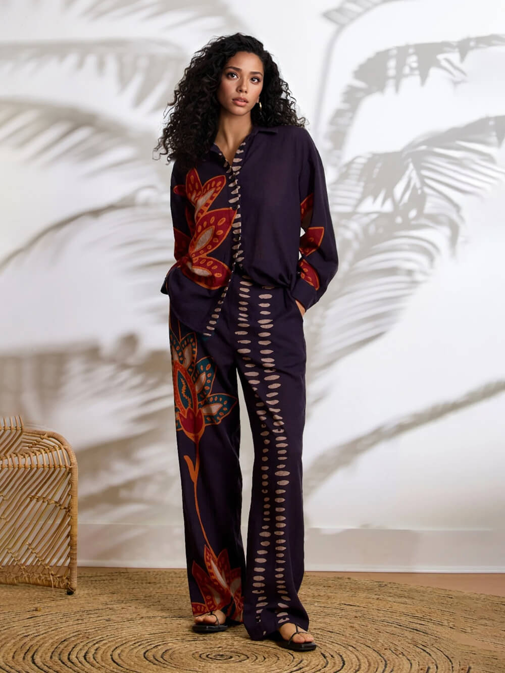 Exquisite Floral Print Linen Button-Down Loose Top