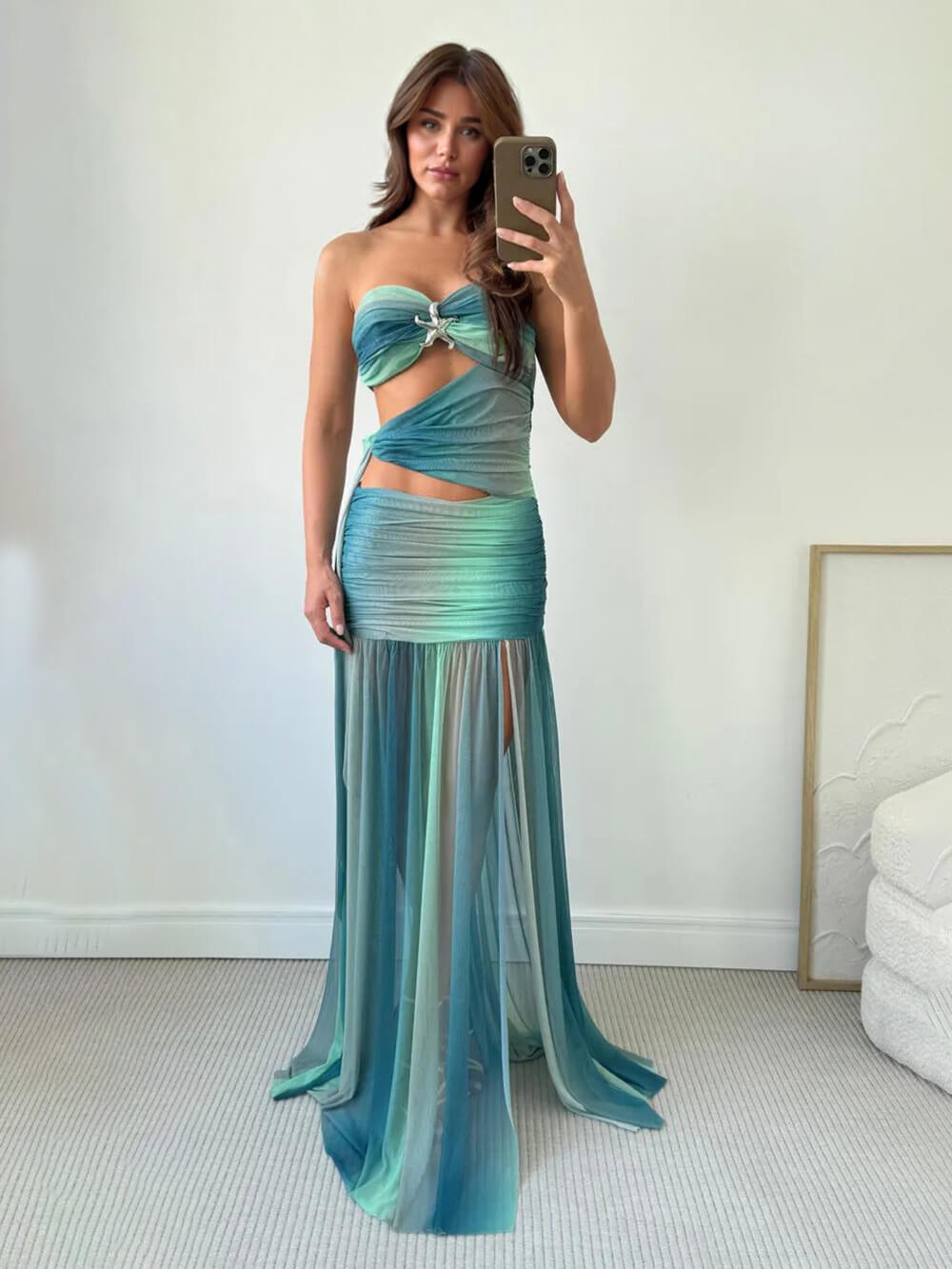Sexy Printed Side-Slit Draped Maxi Dress