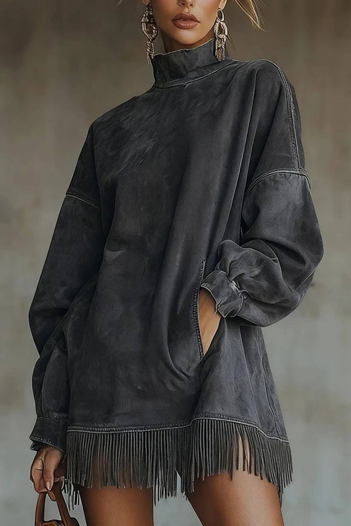 Fashion Tassel Patchwork High Neck Loose Pocket Mini Dress