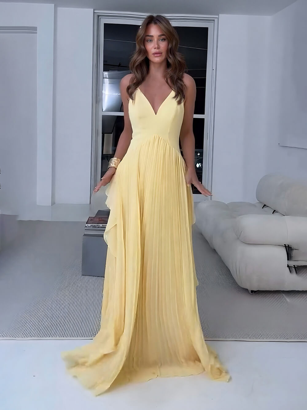 Delicate Yellow Layered Patchwork Ruched Party Maxi Dress