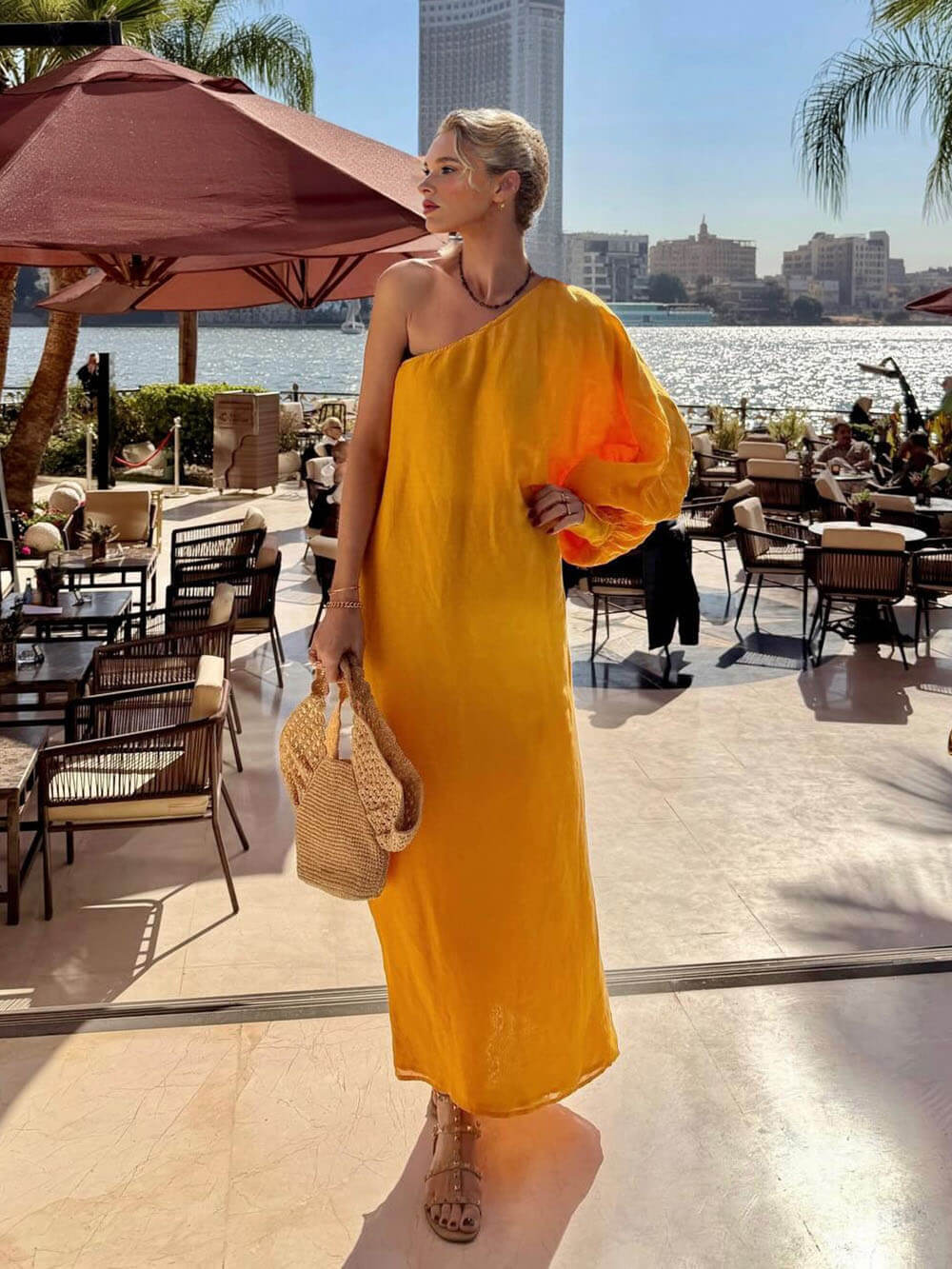 Boho One-Shoulder Slit Vacation Maxi Dress