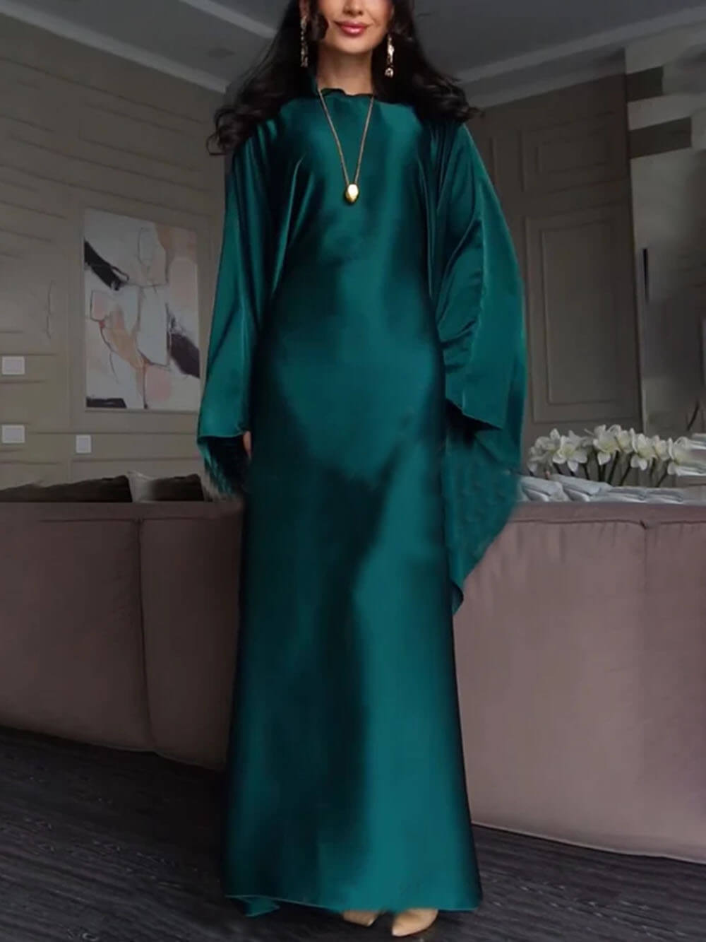 Elegant Satin Batwing Sleeve with Waist Tie Design Dignified A-line Maxi Dress