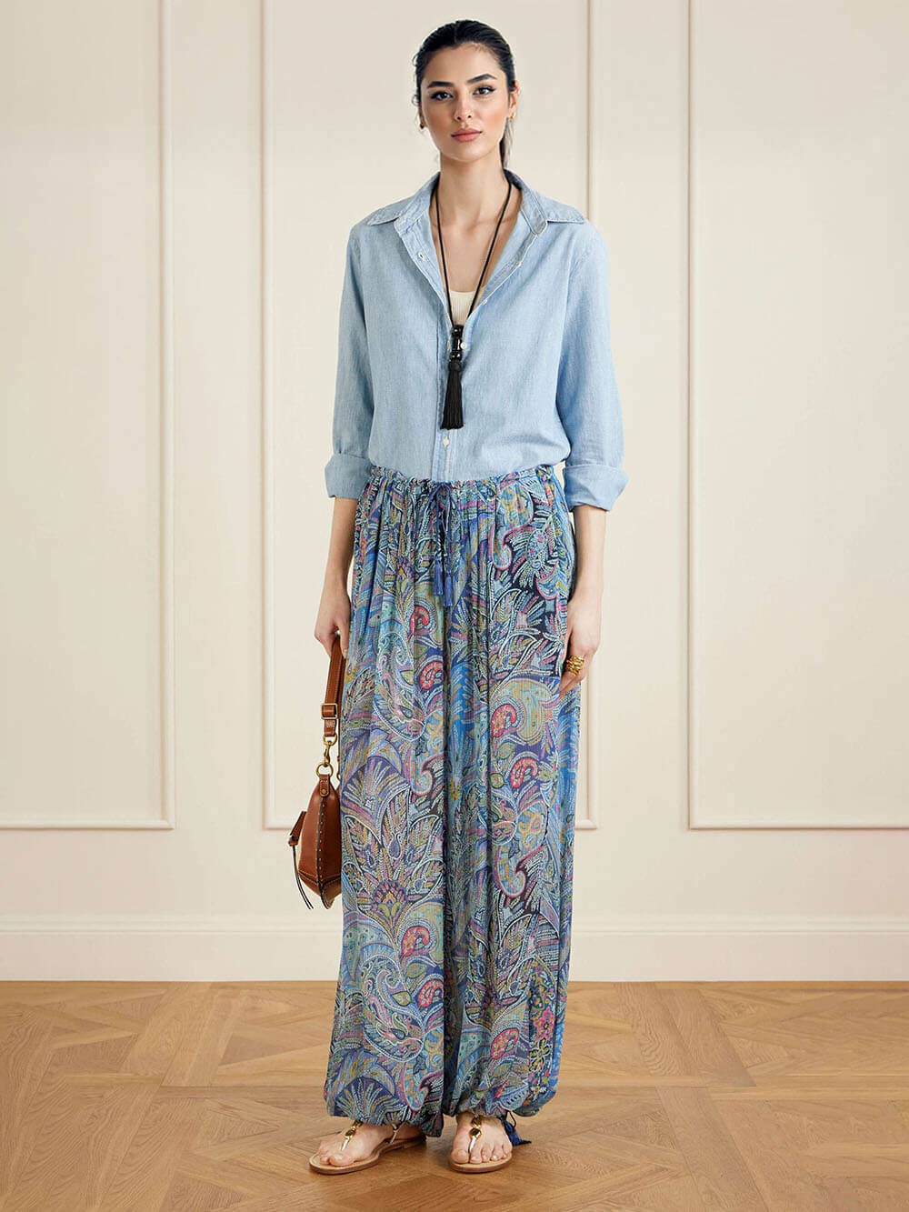 Exquisite Printed Crepe Wide-Leg Pants