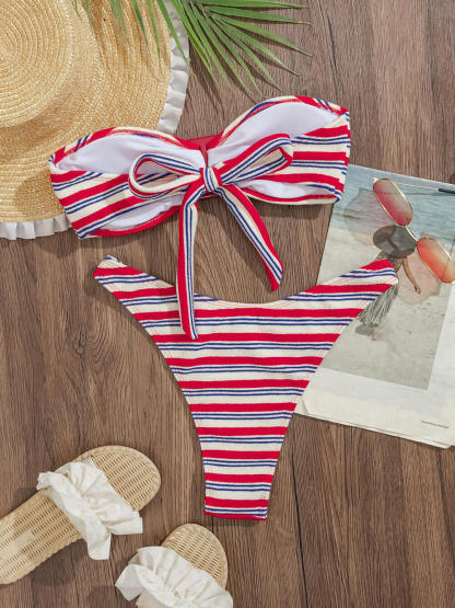 Sexy Bandeau Striped Color-Block Two-Piece Bikini Set