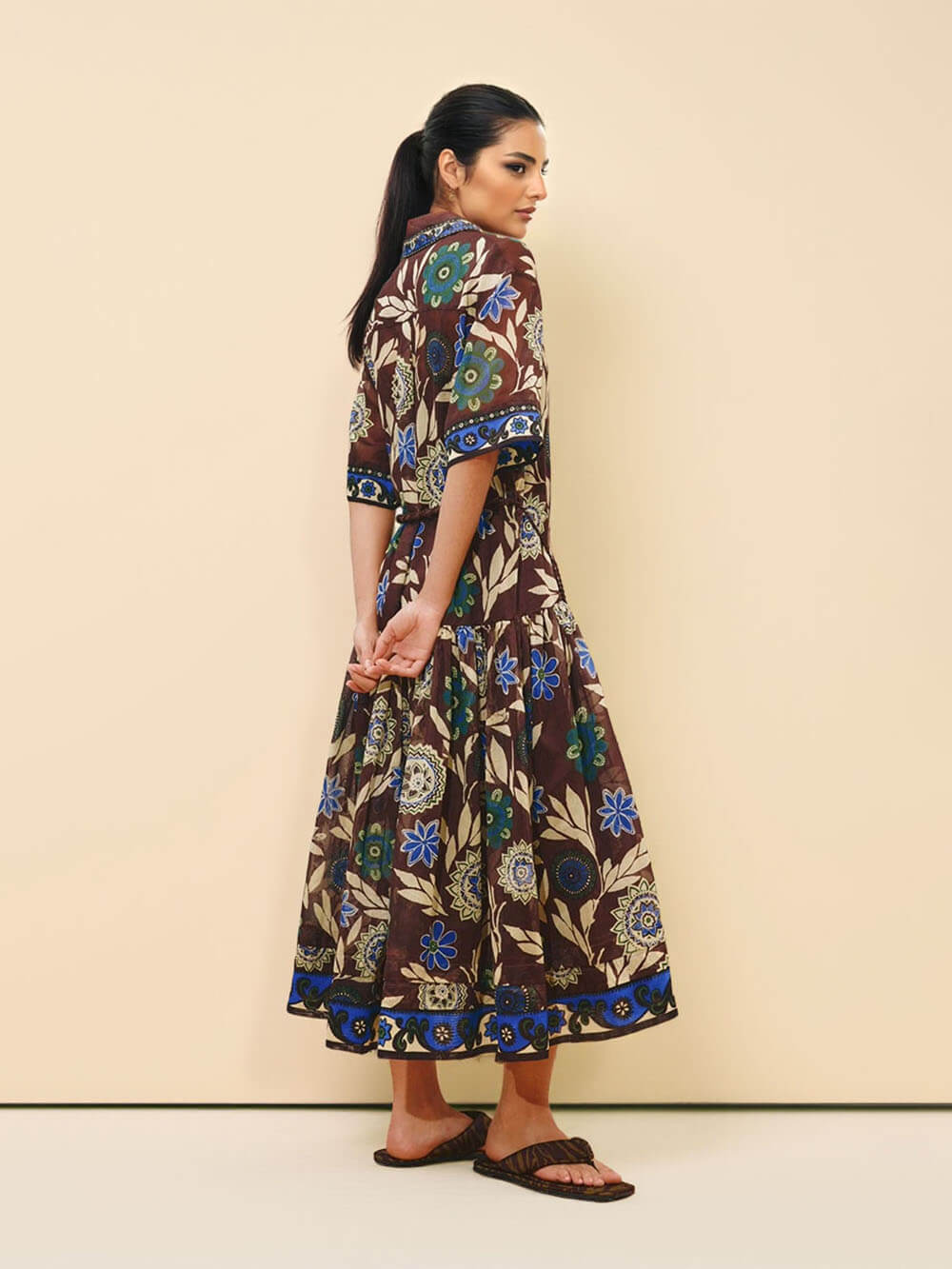 Retro Print Button-Front With Braided Rope Belt Maxi Shirtdress