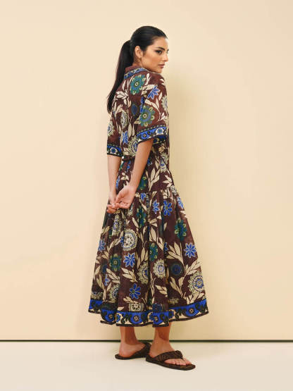 Retro Print Button-Front With Braided Rope Belt Maxi Shirtdress