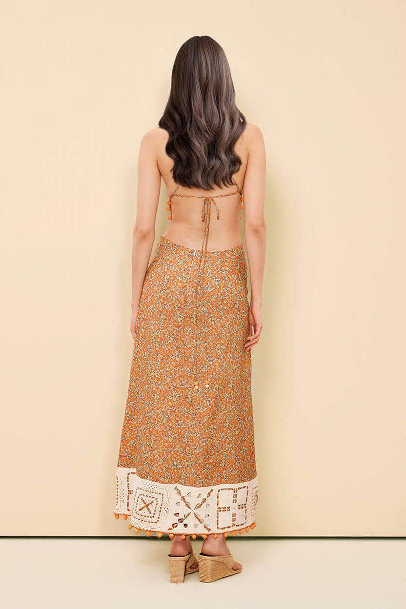 Retro Print Crochet Backless Maxi Dress