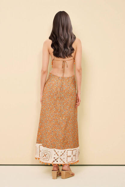 Retro Print Crochet Backless Maxi Dress