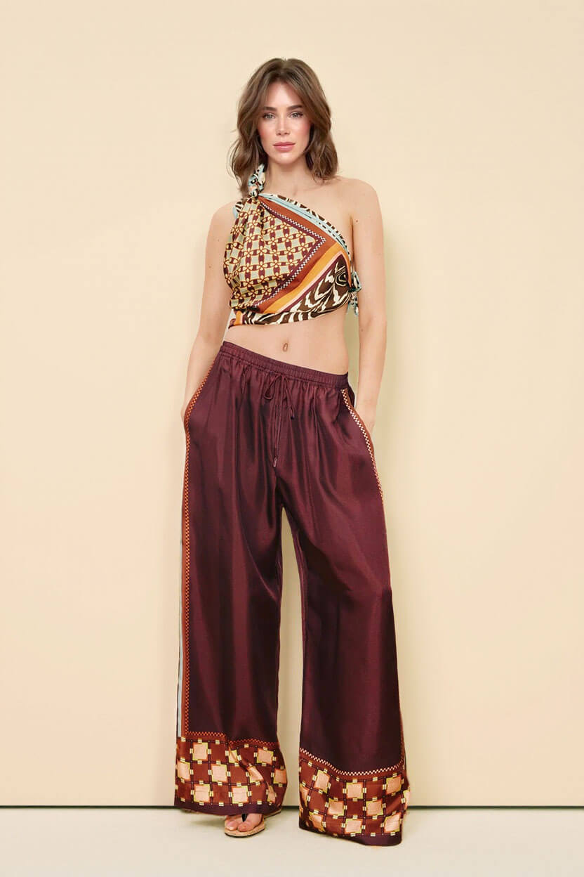 Unique Paisley Color-Block Satin Shirt And Elastic Waist Wide-Leg Pants Set