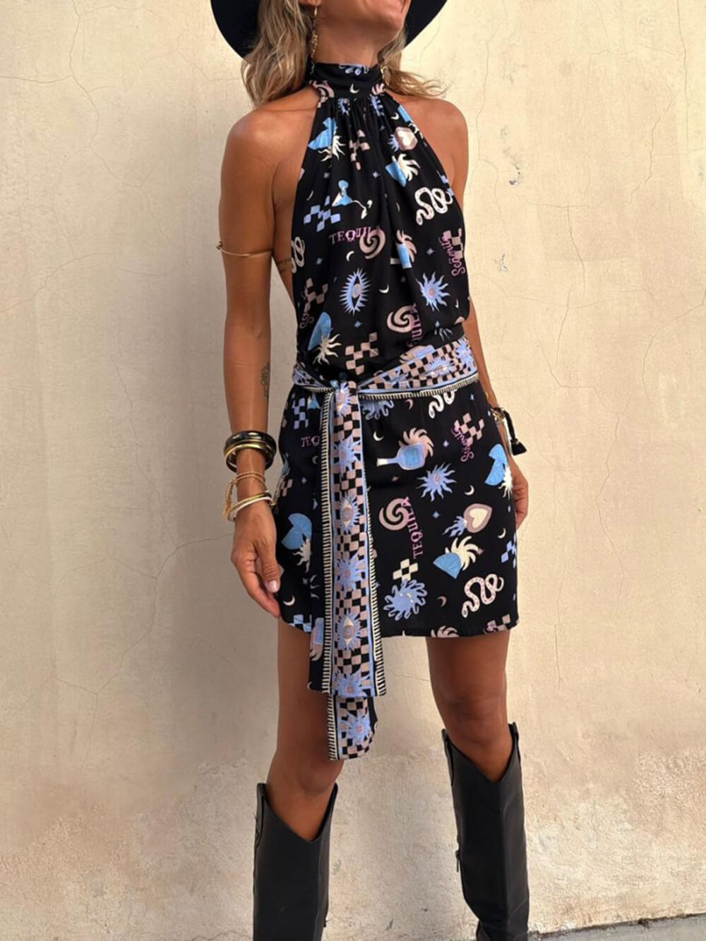 Casual Sexy Printed Halter Backless Belted Mini Dress