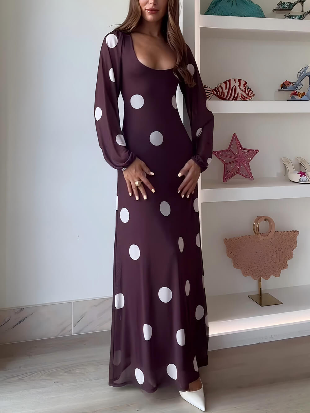 Elegant Polka Dot Print Lantern Sleeve Maxi Dress