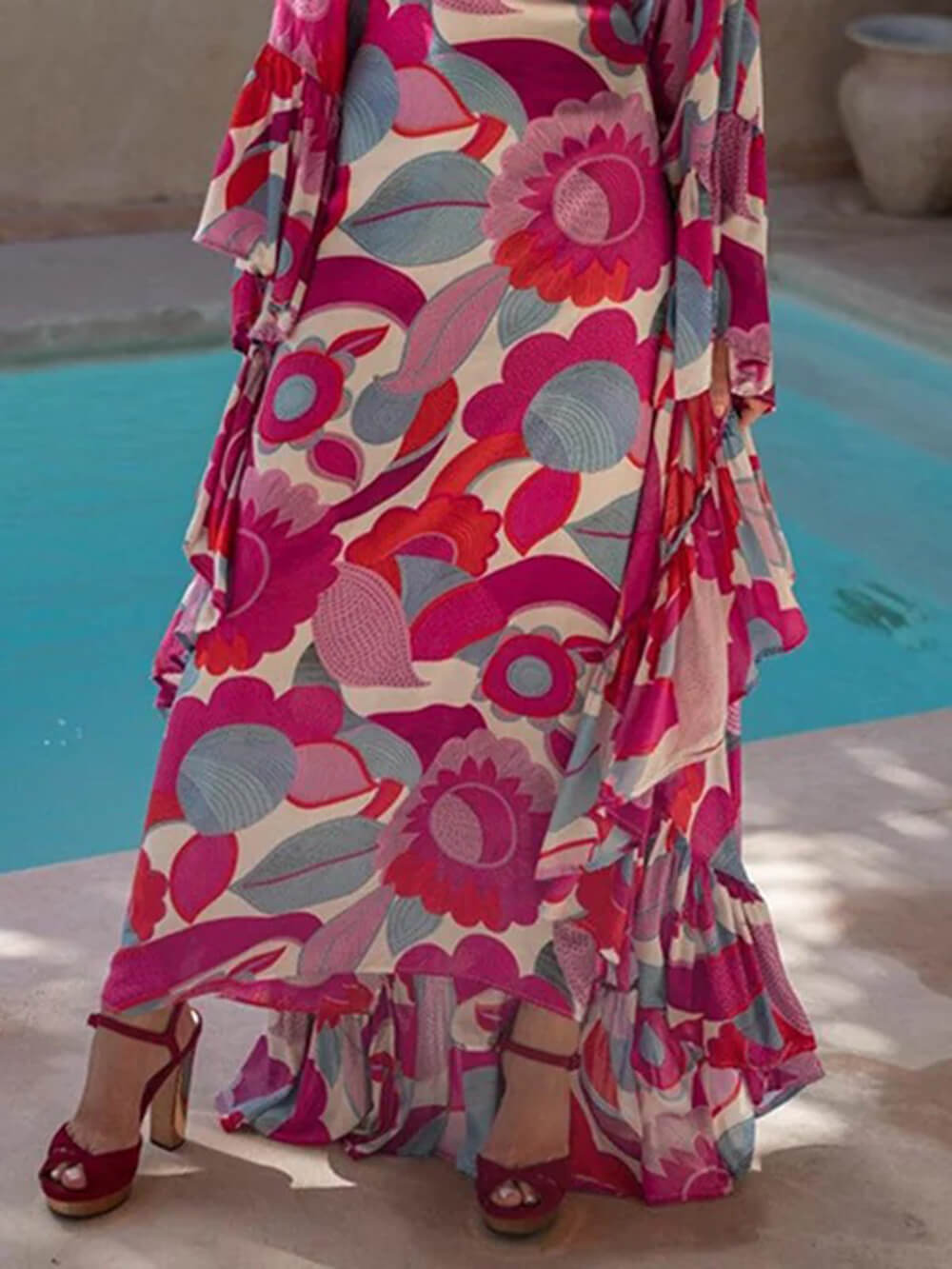 Exquisite Floral Print Pleated Batwing Sleeves Loose-Fitting Maxi Dress