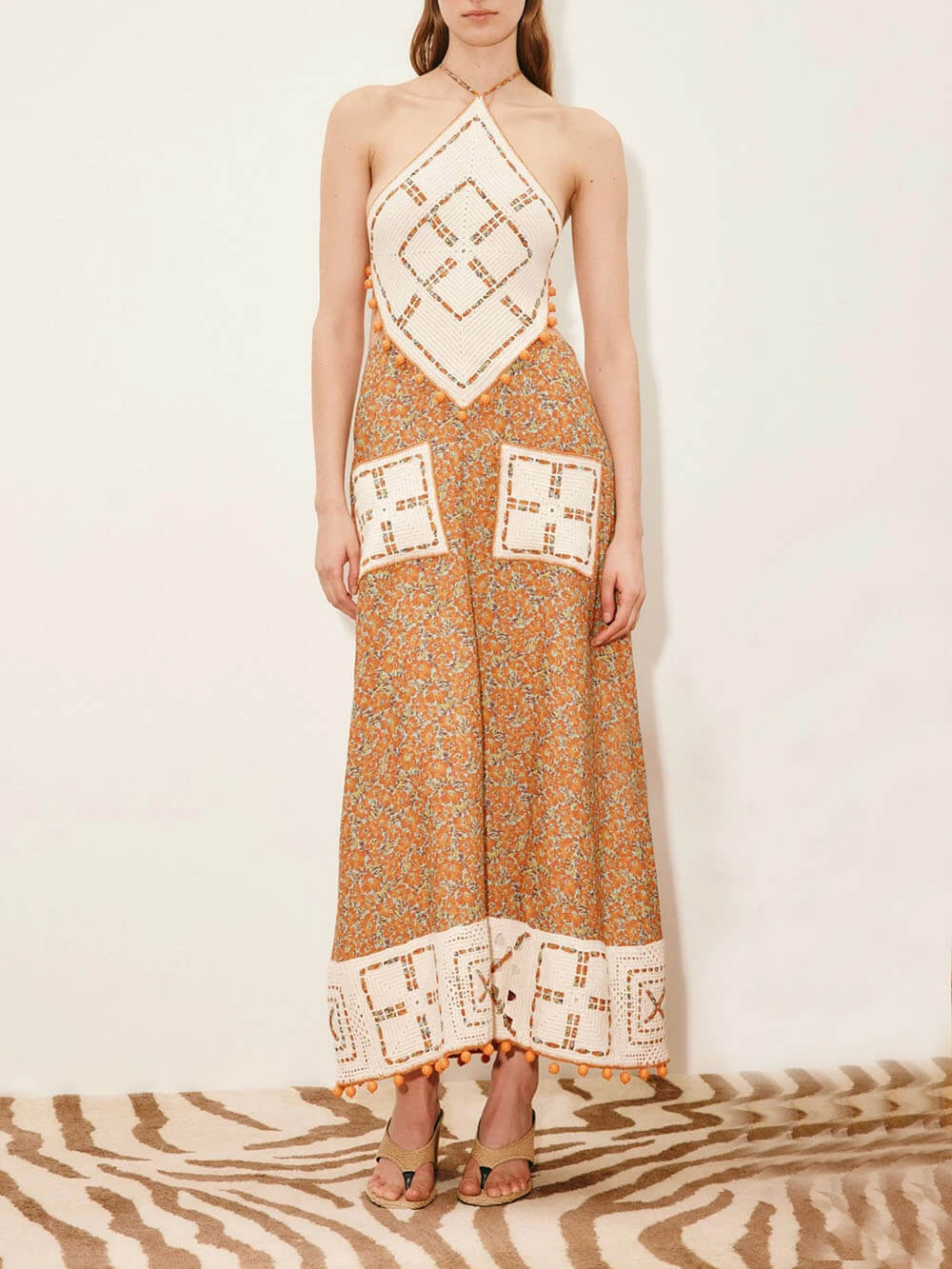 Retro Print Crochet Backless Maxi Dress