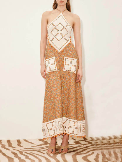 Retro Print Crochet Backless Maxi Dress