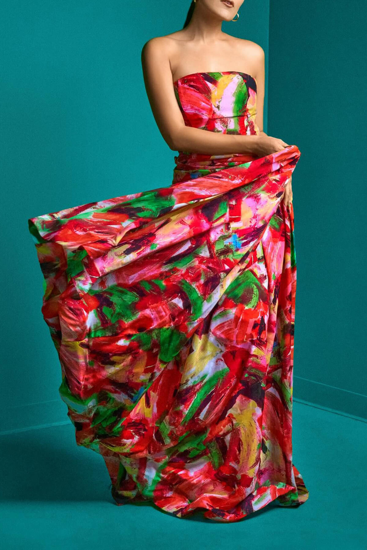 Elegant Strapless Floral Print Off-Shoulder Maxi Dress