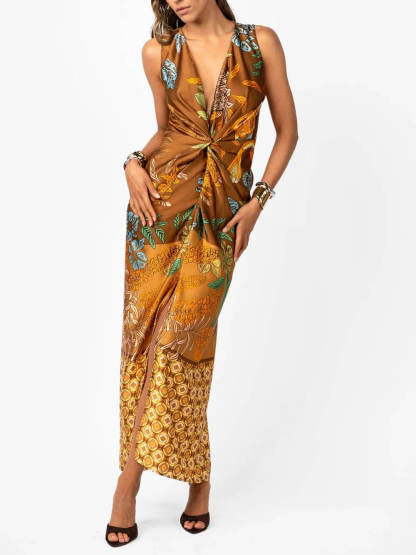 Delicate Floral Print V-Neck Twisted Draped Satin Maxi Dress