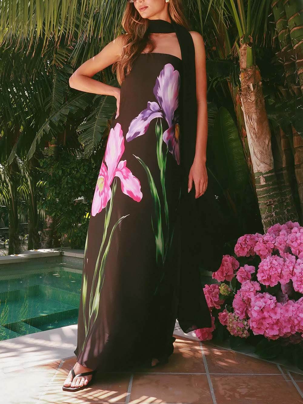 Elegant Printed Off-the-Shoulder Scarf Maxi Dress