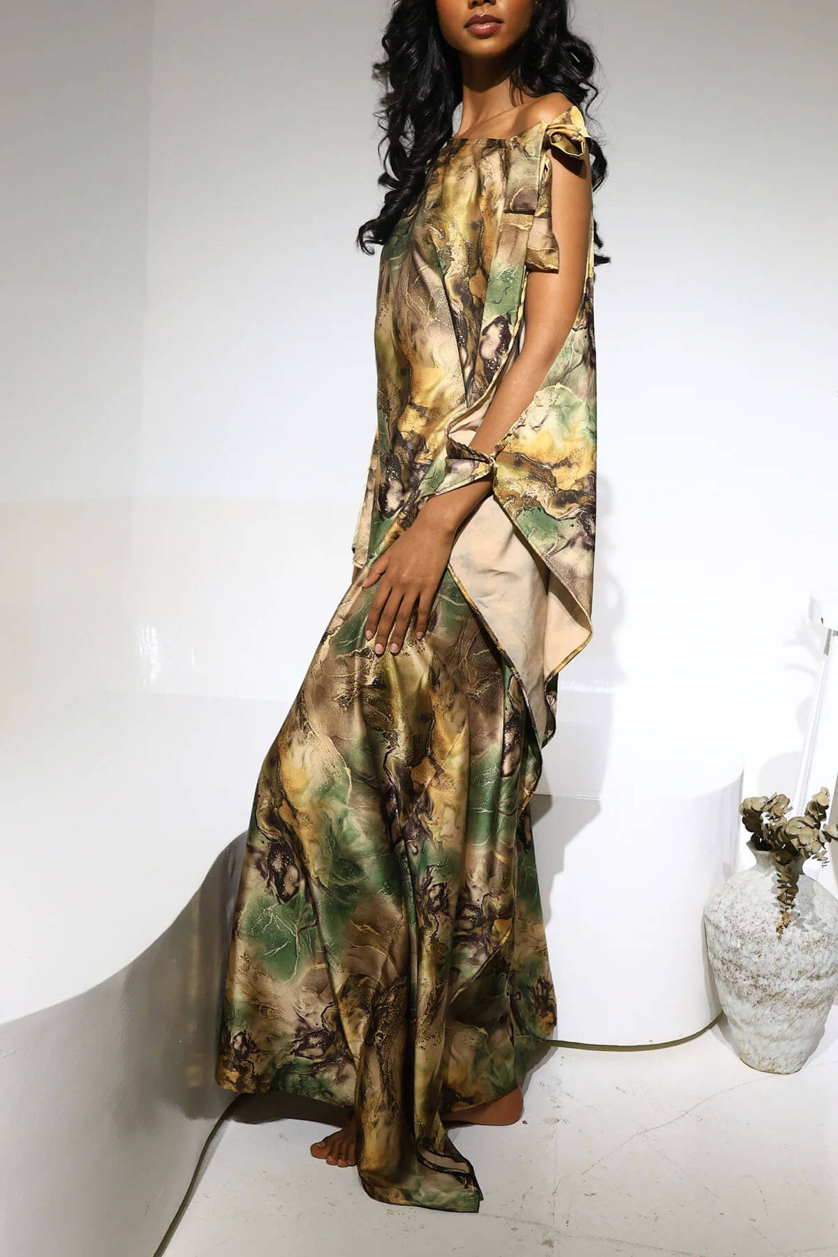 Unique Satin Asymmetrical Marble Print Maxi Dress
