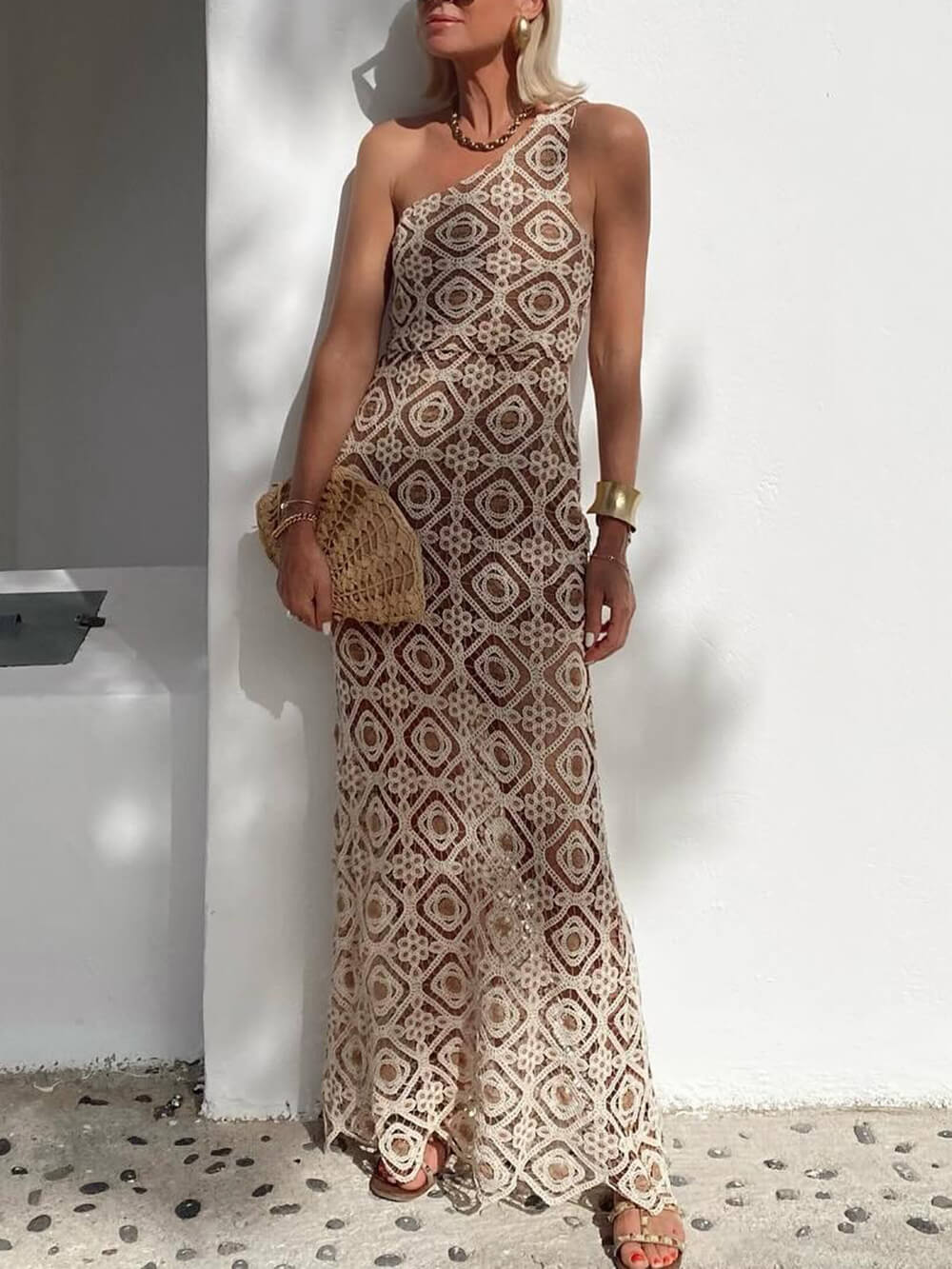Summer Obsession One-Shoulder Crochet Lace Maxi Dress