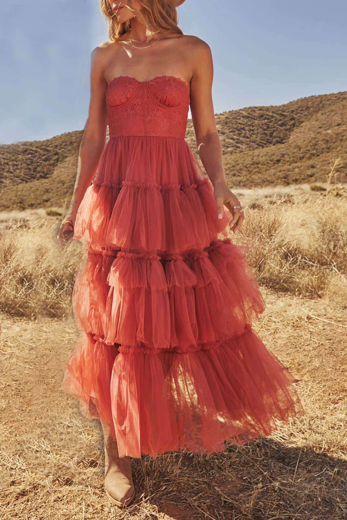 Elegant Strapless Pleated Layered Tulle Maxi Dress