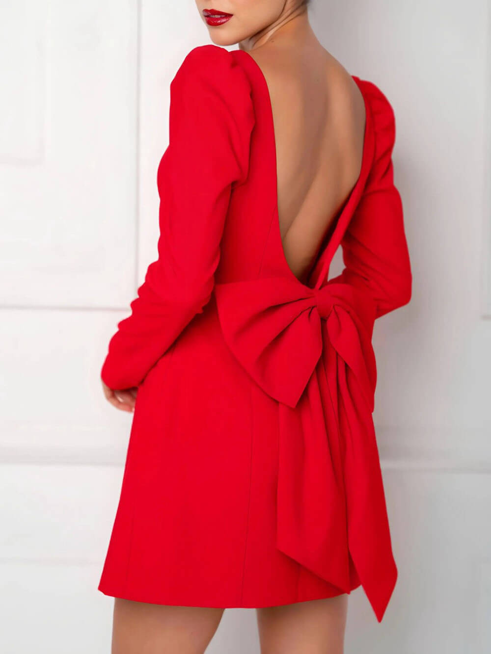 Elegant Backless Bow-Tie Fitted Square Neck Long-Sleeve Mini Dress