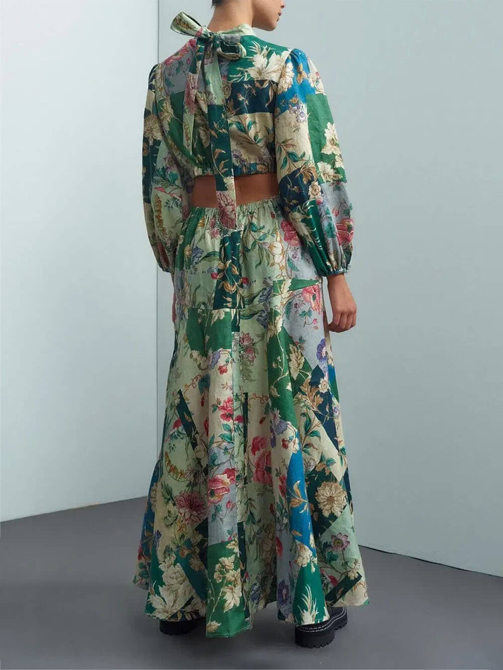 Delicate Floral Print Tie-Back Lantern Sleeve Maxi Dress