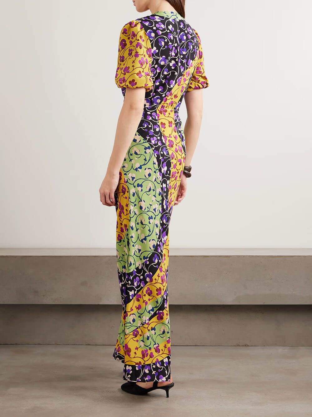Fashion Color-Block Print Satin Maxi Dress