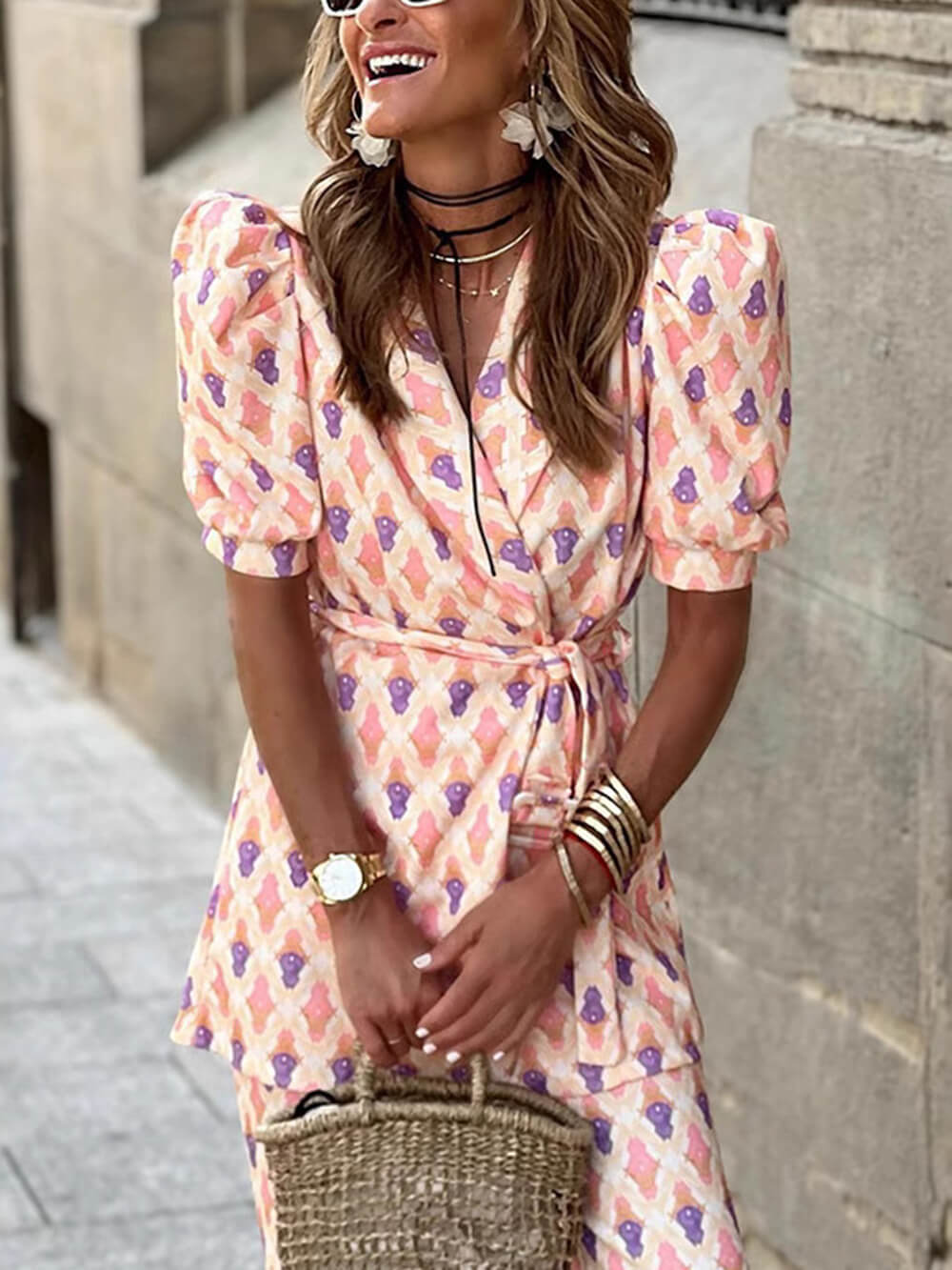 Fresh Colors Print Puff Sleeve Belted Lapel Blazer Tops