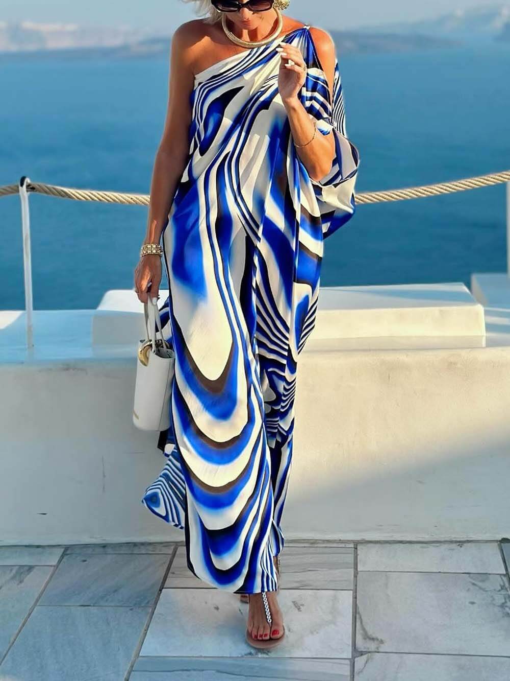 Unique Printed Cutout One-shoulder Holiday-style Loose Maxi Dress