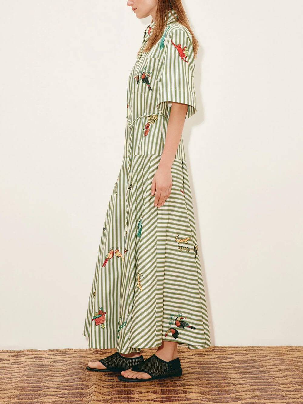 Classic Striped Button-Front Tie-Waist A-Line Maxi Shirtdress