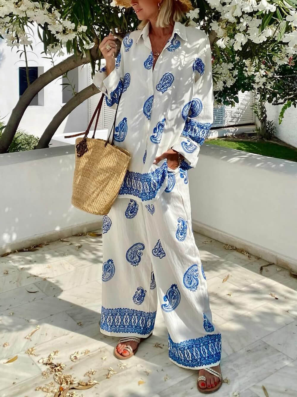 Unique Ethnic Pattern Print Oversized Button-Up Shirt