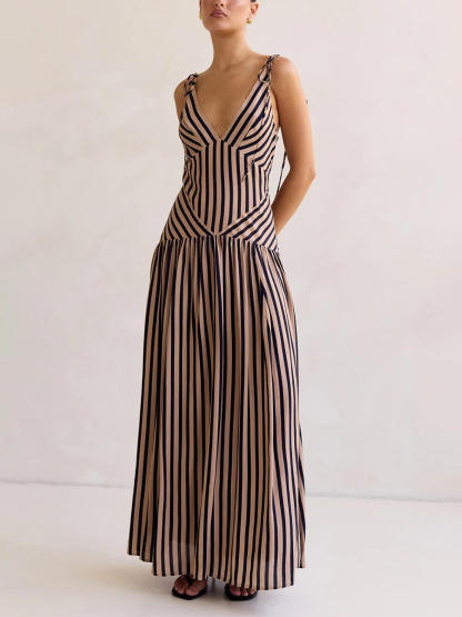 Exquisite Striped Print V-Neck  Adjustable Straps Maxi Dress